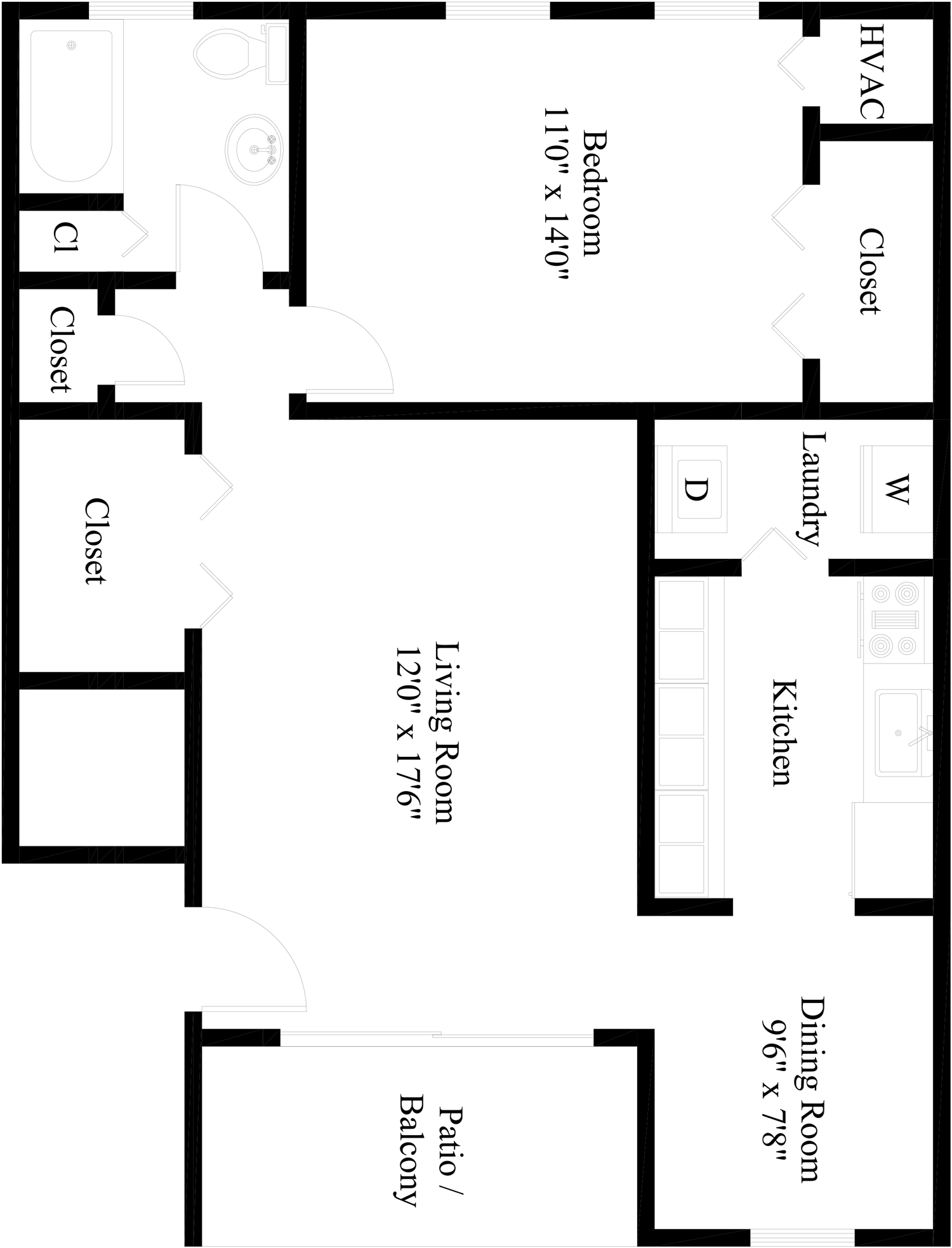 Floor plan for 1 bed, 1 bath, 745 sqft